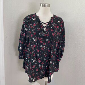 Torrid Harper Womens Plus 2X Black Floral Skull Lace Up Blouse Pixxy Tattoo Icon